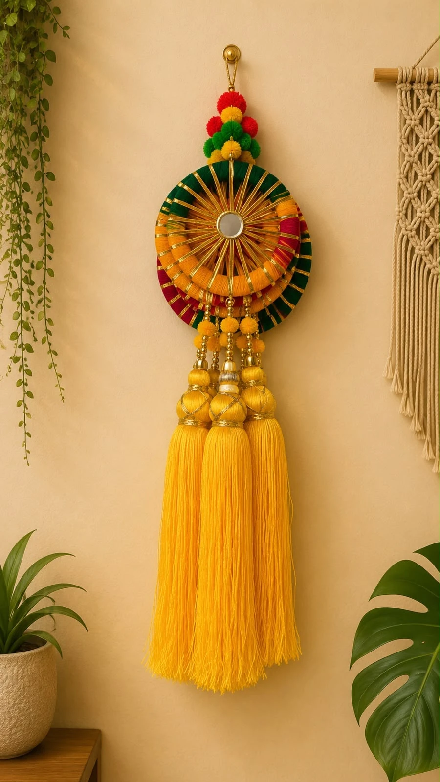 Layered woven wheel Diwali wall hanging with mirror centre, pom-pom crown and golden-capped yellow tassels