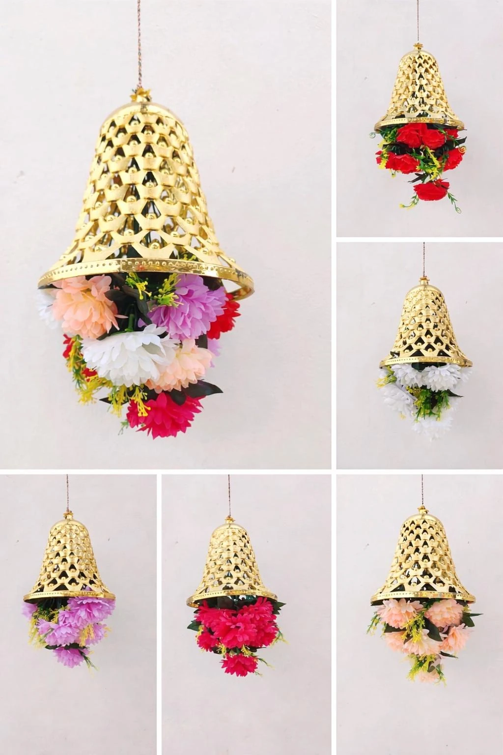 Golden jali bell Diwali hanging with cascading artificial flowers