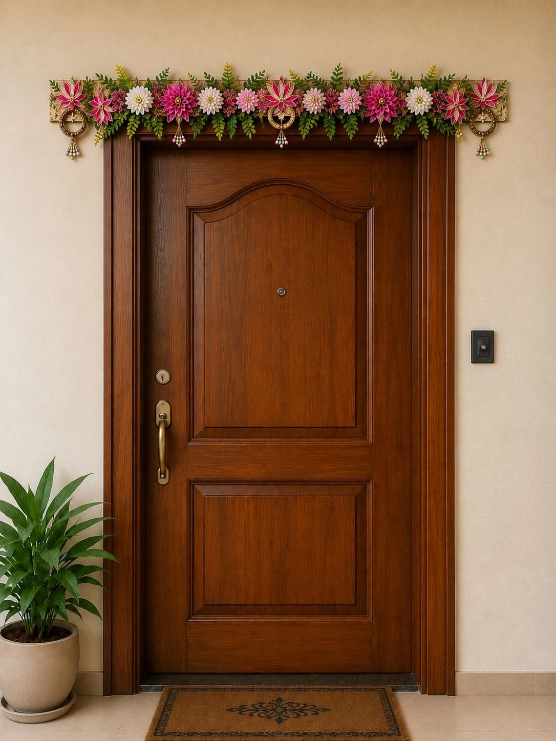 Pink and white floral Diwali door toran with gold beaded tassels and hanging bells