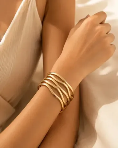 Gold wave layered cuff bracelet