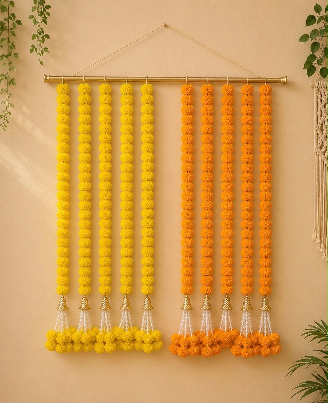 Yellow and orange marigold Diwali toran wall hanging with bells and tassels