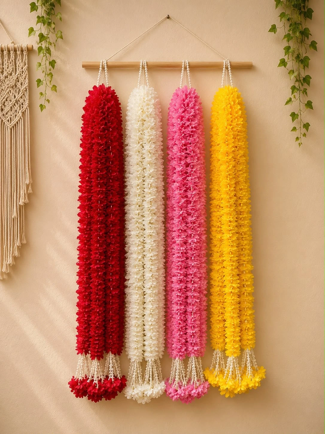 Red, white, pink and yellow floral Diwali bandarwal wall hanging